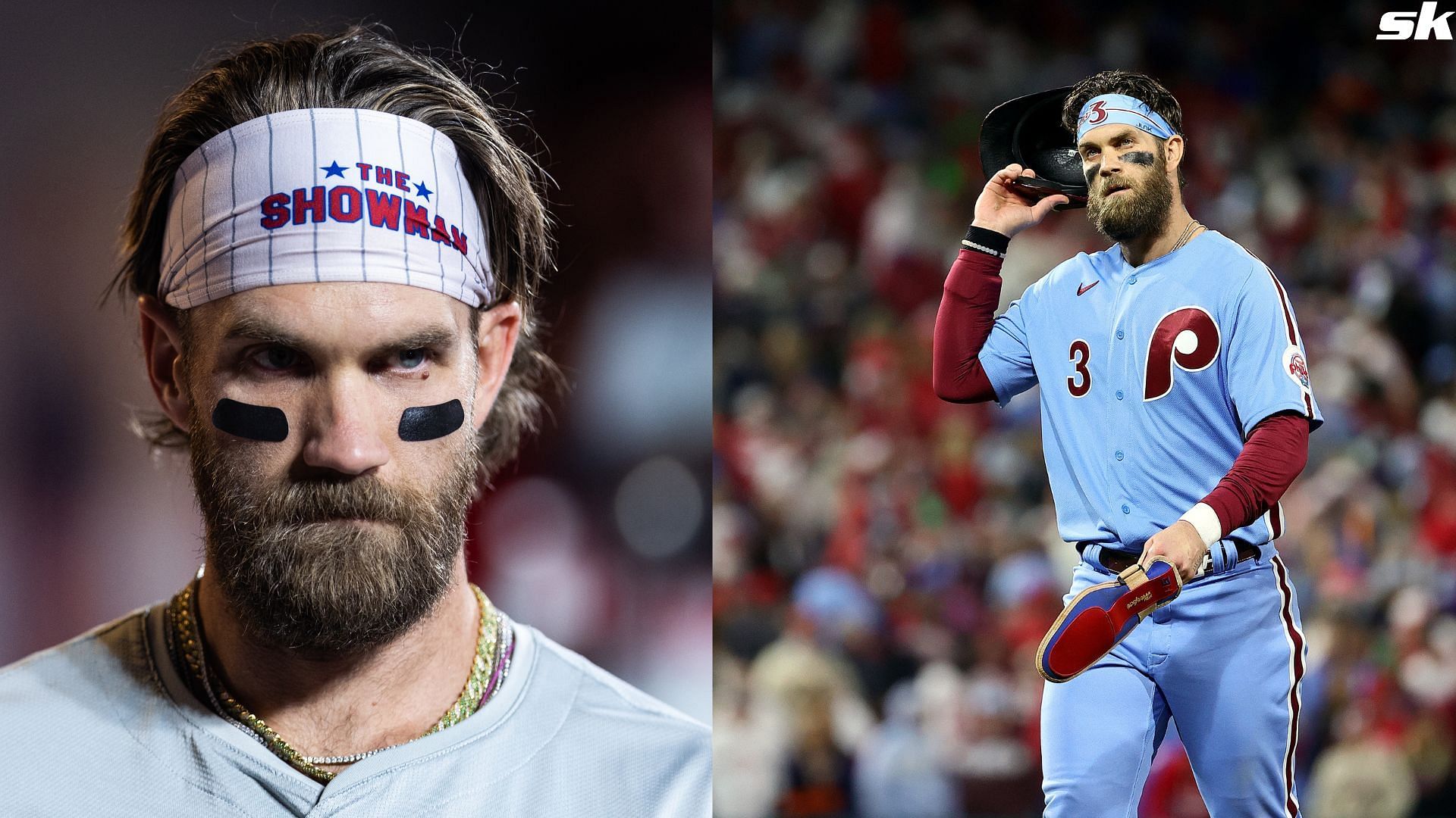 Bryce Harper of the Philadelphia Phillies looks on in the dugout during a game against the New York Mets at Citi Field (Source: Getty)