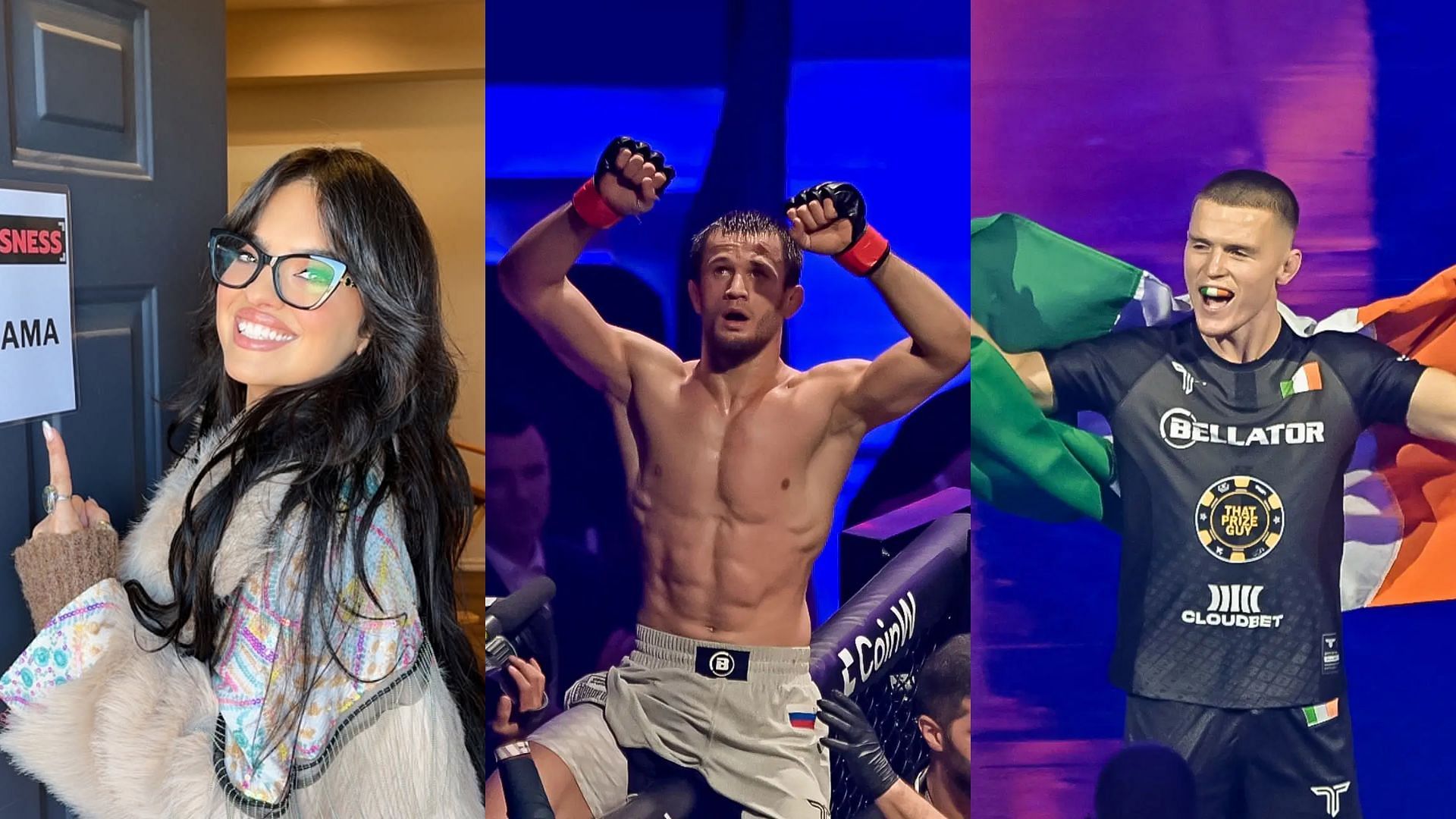 Nina-Marie Daniele (left) expressed honest desire after witnessing Usman Nurmagomedov (middle) vs Paul Hughes (right). [Image courtesy: @ninamariedaniele on Instagram, Getty Images]