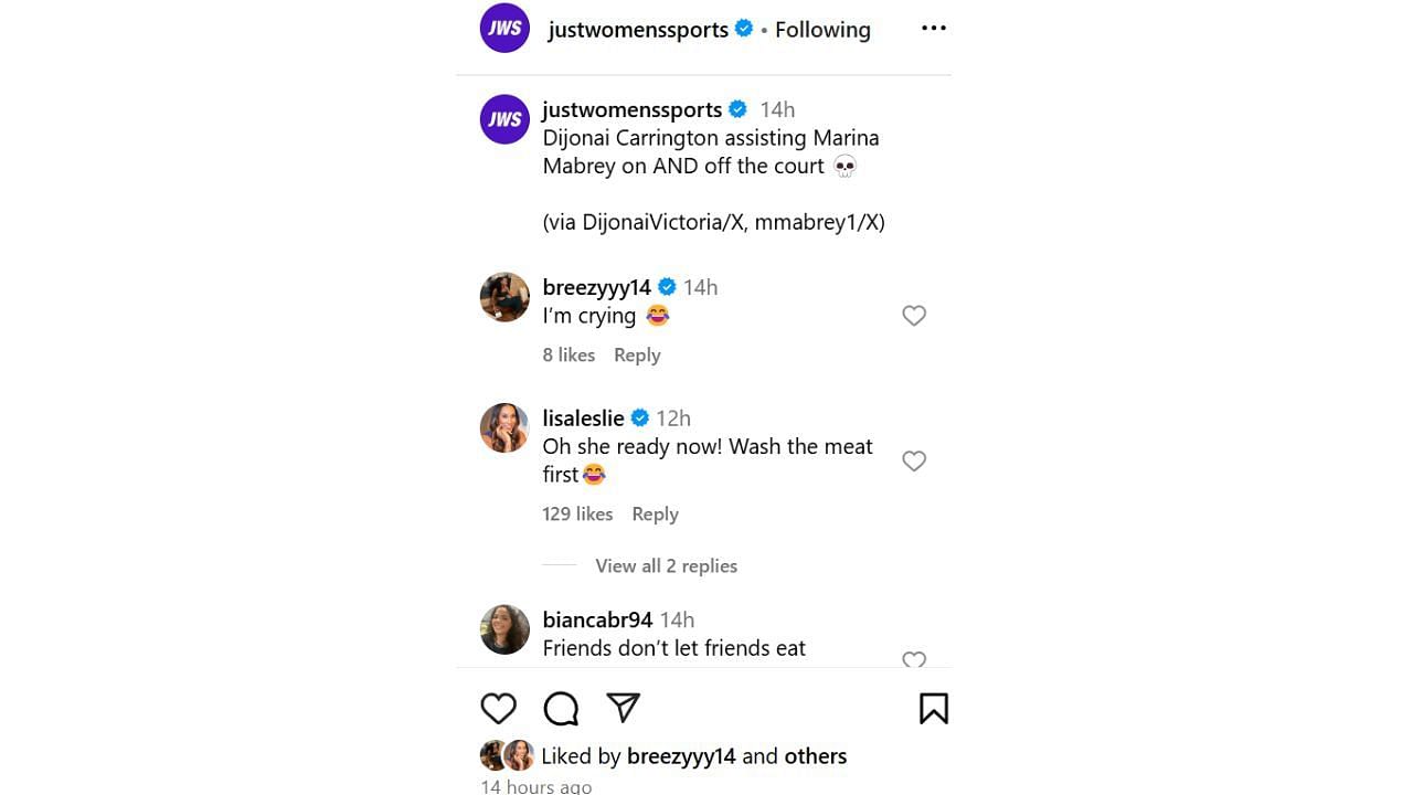 Lisa Leslie reacts to the hilarious exchange between Connecticut Sun teammates Mabrey and DiJonai Carrington. [photo: justwomenssports/IG]