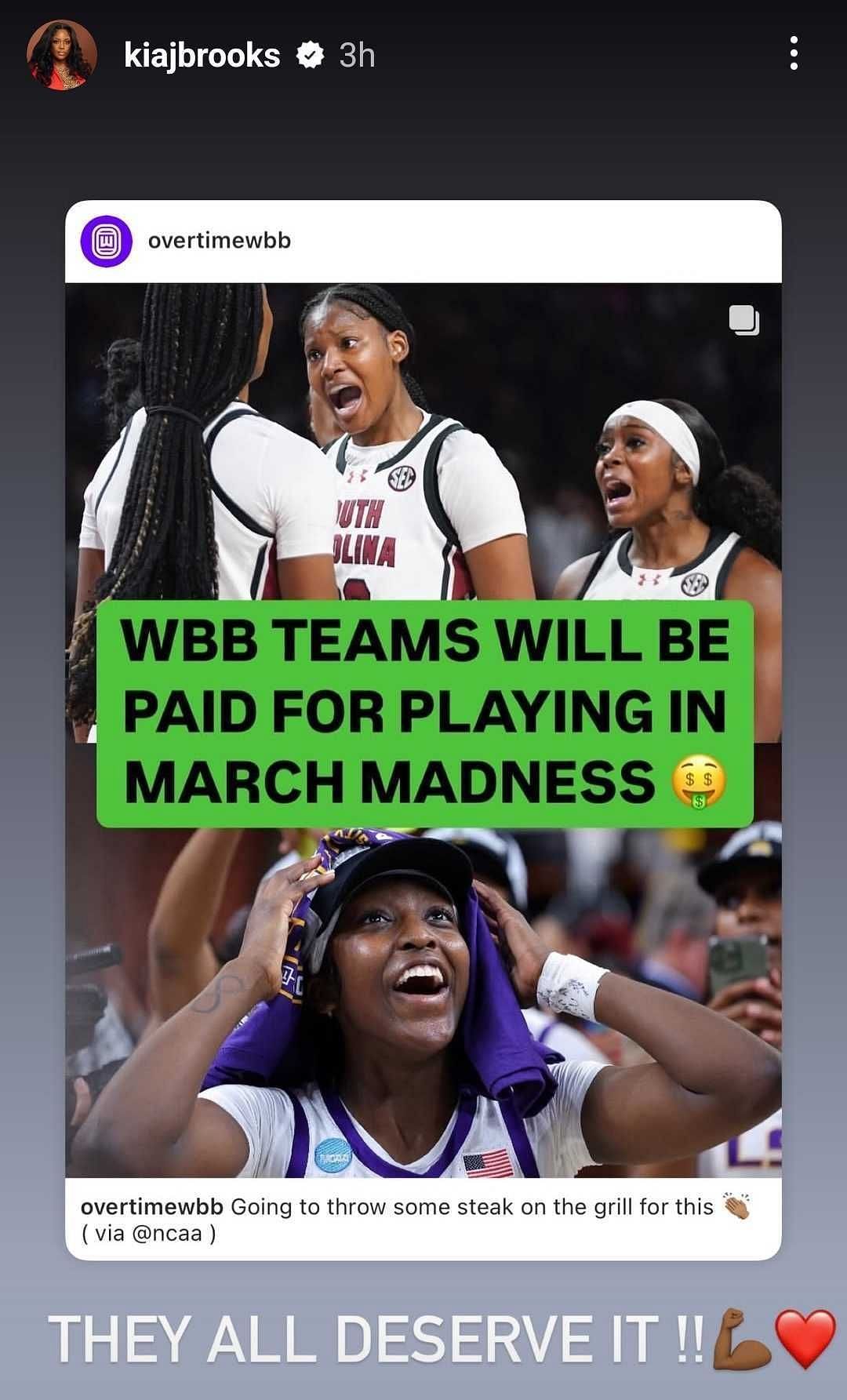 Kia Brooks reacts to NCAA post on social media. (Instagram/@kiajbrooks)