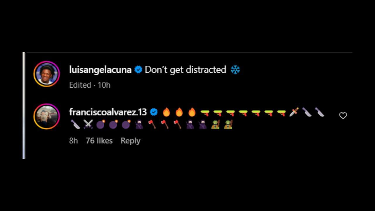 Screenshot of Francisco Alvarez&#039;s comment on Luisangel Acuna&#039;s Instagram post (Image from - Instagram.com/@luisangelacuna)