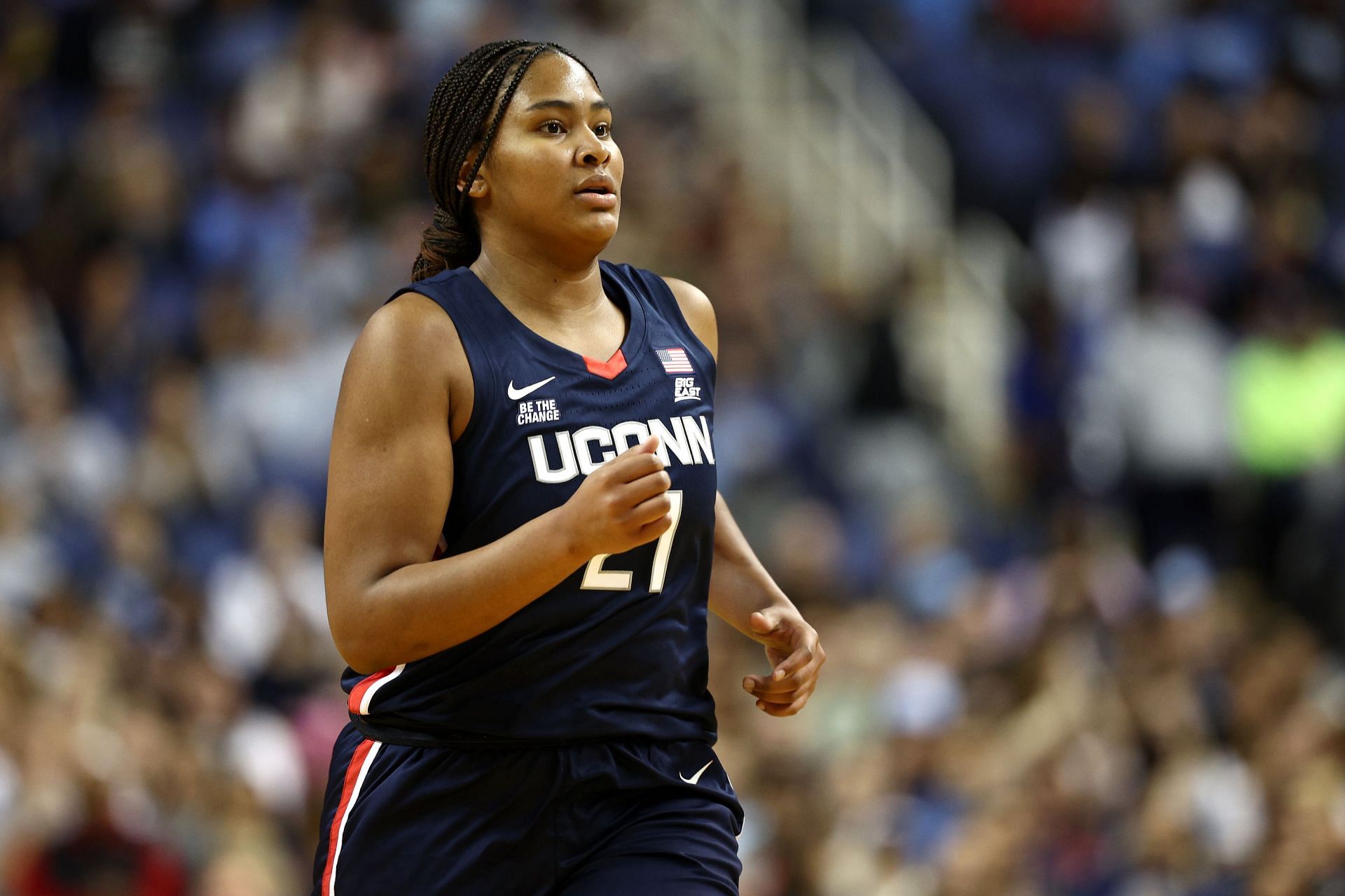 Sarah Strong (#21) of the UConn Huskies in action against the North Carolina Tar Heels at First Horizon Coliseum on November 15, 2024 in Greensboro, North Carolina. Photo: Getty