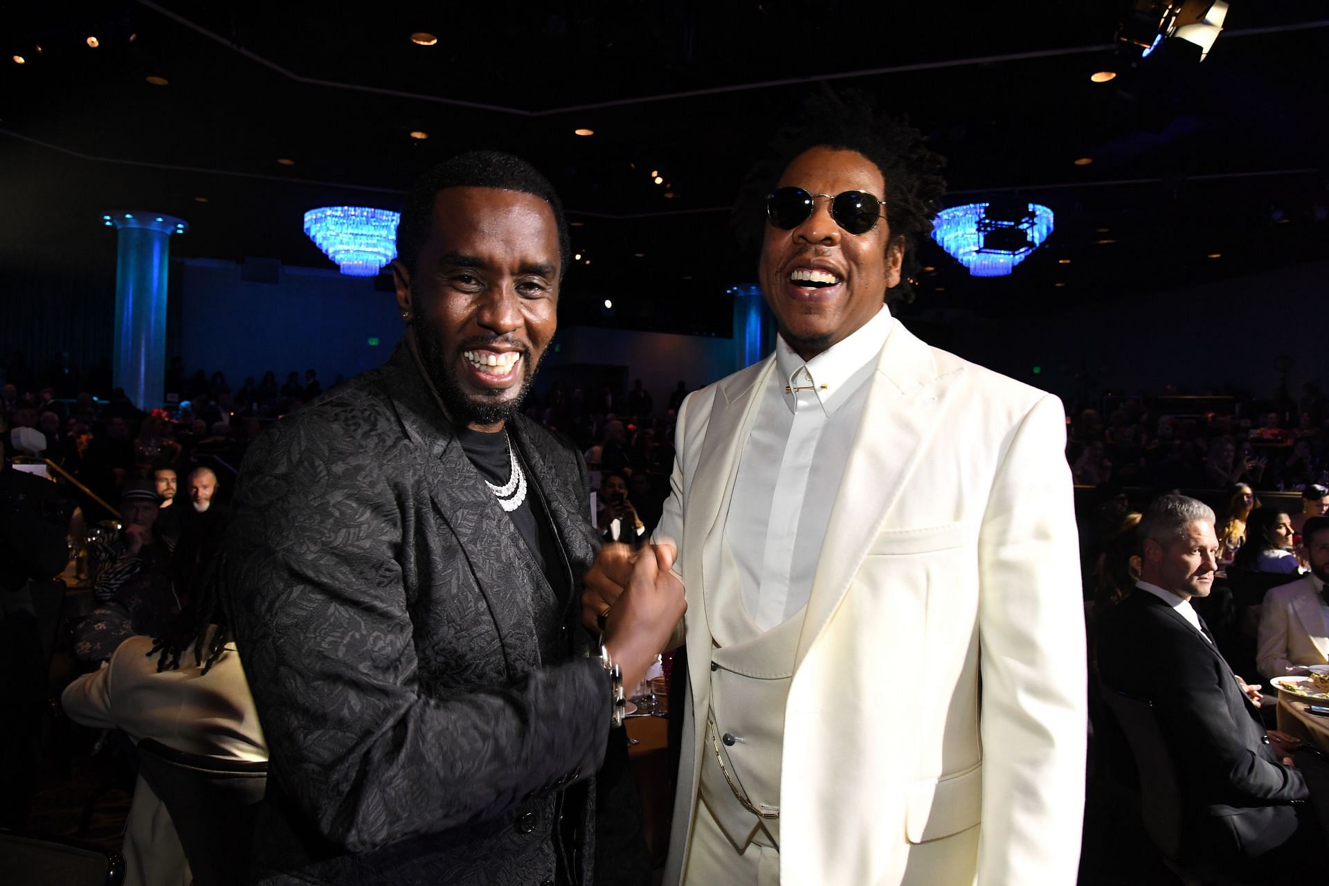 Sean &#039;Diddy&#039; Combs and Jay-Z on January 25, 2020 in Beverly Hills, California. (Photo by Kevin Mazur/Getty Images for The Recording Academy)