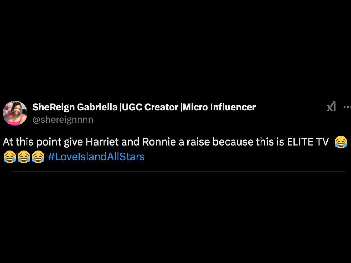 Love Island: All Stars fans react to Harriet picking Ron (Image via X/@shereignnnn)