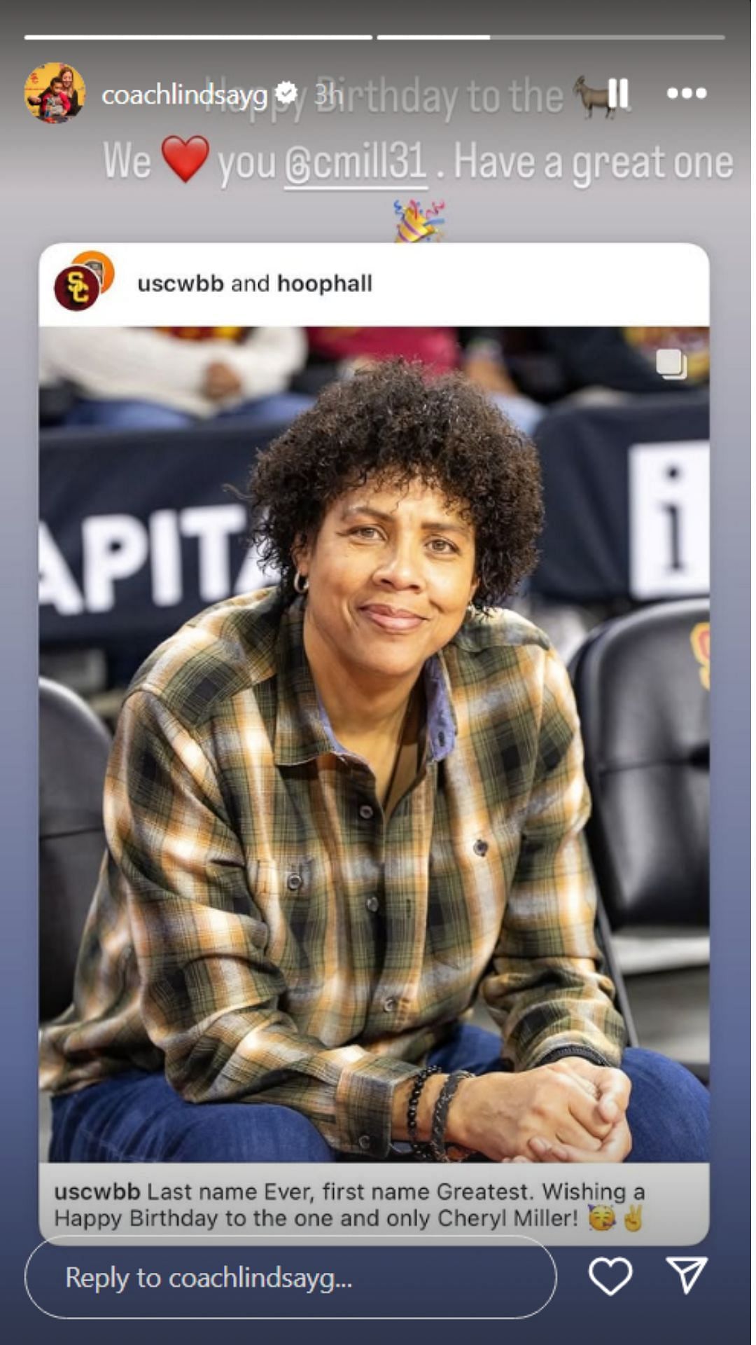 Lindsay Gottlieb&#039;s birthday wishes for Cheryl Miller