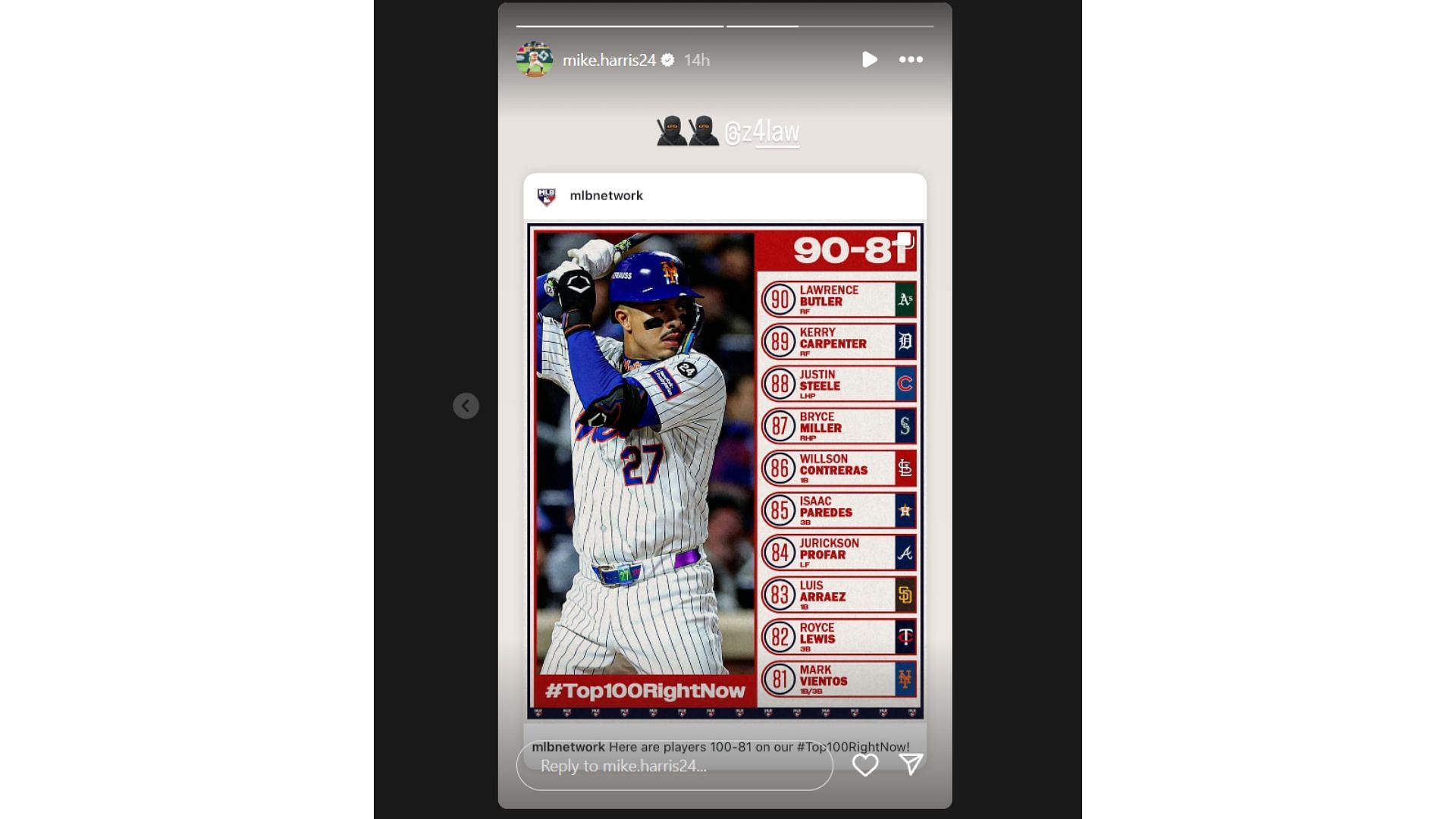 Michael Harris II&#039;s Instagram story appreciating Lawrence Butler inclusion in MLB Network&#039;s Top 100 Players (Source: Instagram @mike.harris24)