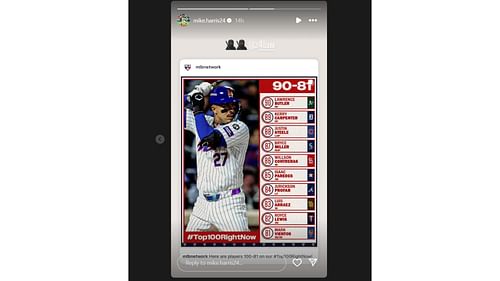 Michael Harris II's Instagram story appreciating Lawrence Butler inclusion in MLB Network's Top 100 Players (Source: Instagram @mike.harris24)