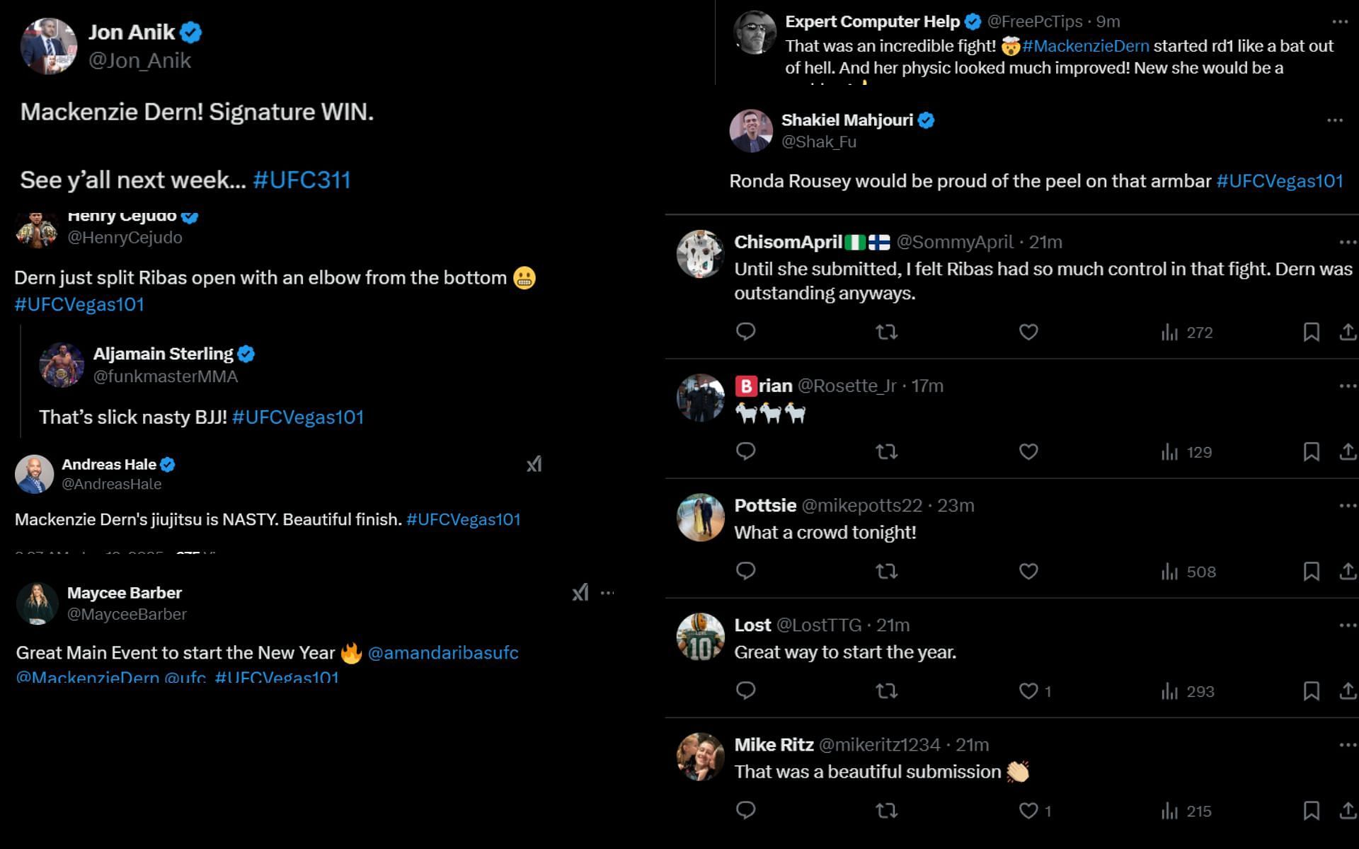 Fans and pros react to Mackenzie Dern&#039;s win against Amanda Ribas. [Screenshots courtesy: Accounts on X]