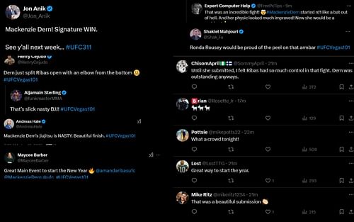 Fans and pros react to Mackenzie Dern's win against Amanda Ribas. [Screenshots courtesy: Accounts on X]