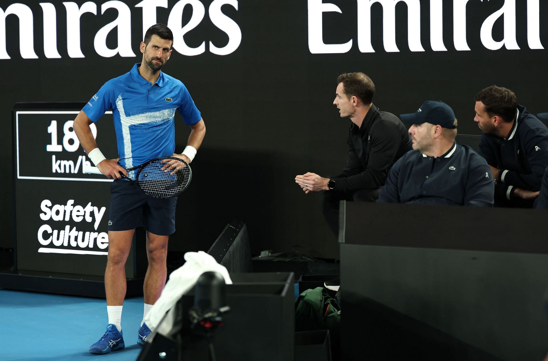 Andy Murray talks to Novak Djokovic at the 2025 Australian Open - Day 2 - Source: Getty