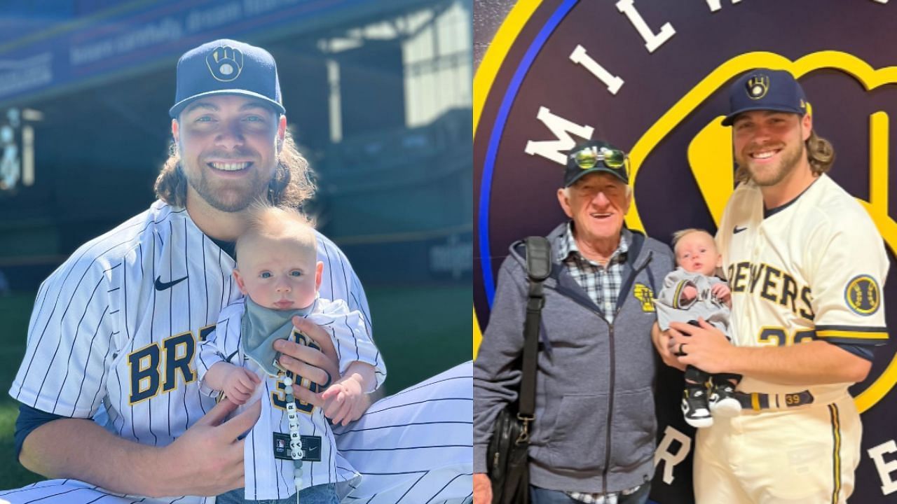 Corbin Burnes and his son, Carter, meeting Bob Uecker (Images from - Instagram.com/@corbinburnes IG Stories, Instagram.com/@corbinburnes) 