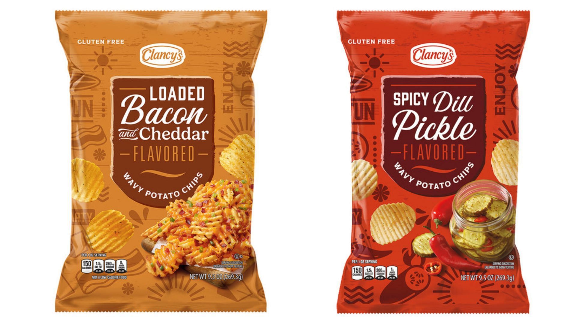 Clancy&#039;s Loaded Bacon &amp; Cheddar Wavy and Spicy Dill Potato Chips (Image via Aldi)