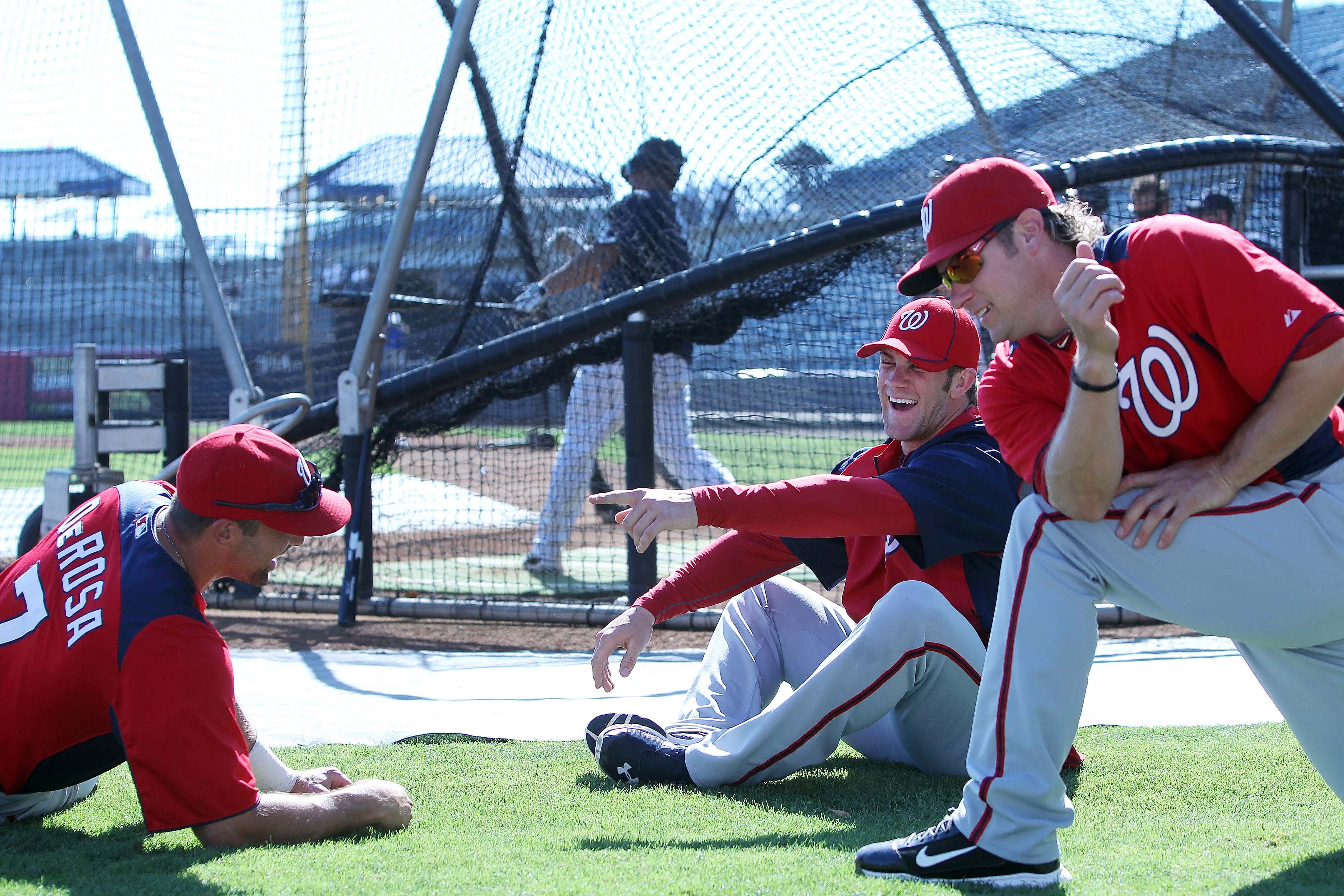 Washington Nationals - Mark DeRosa, Bryce Harper, and Jason Michaels (Photo via IMAGN)