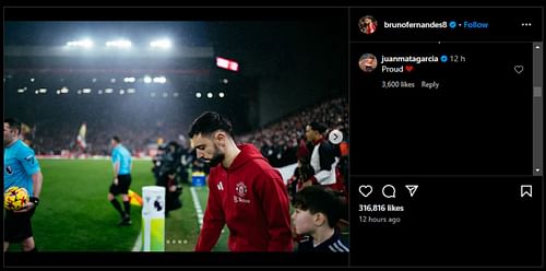 Juan Mata responds to Bruno Fernandes' Instagram (Source: Instagram/@brunofernandes8)