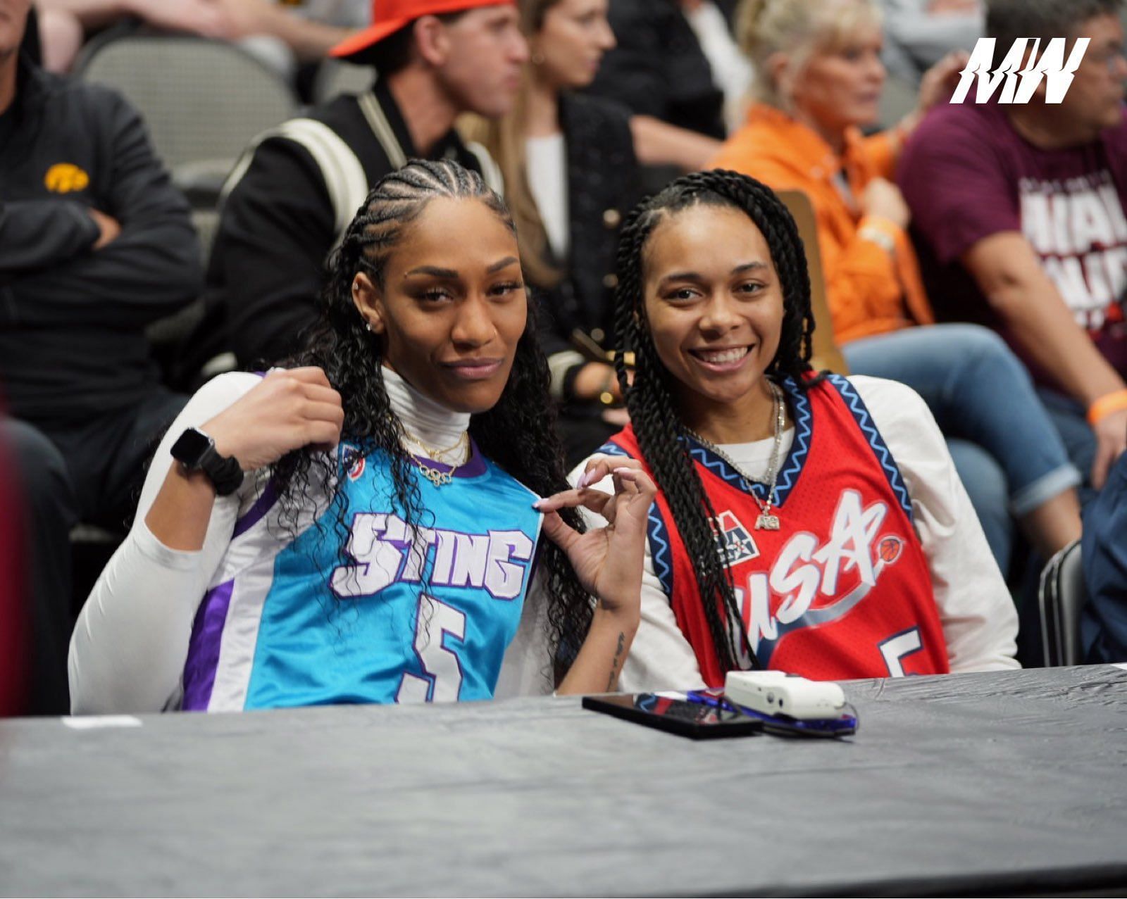 A&#039;ja Wilson and Allisha Gray showing off their Dawn Staley jerseys at South Carolina&#039;s 2023 Final Four game versus Iowa.