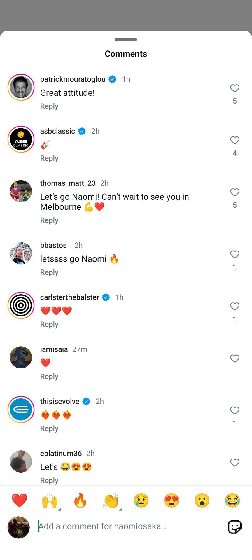 Screengrab of Patrick Mouratoglou&#039;s comment (top) on Naomi Osaka&#039;s Instagram post (@naomiosaka)