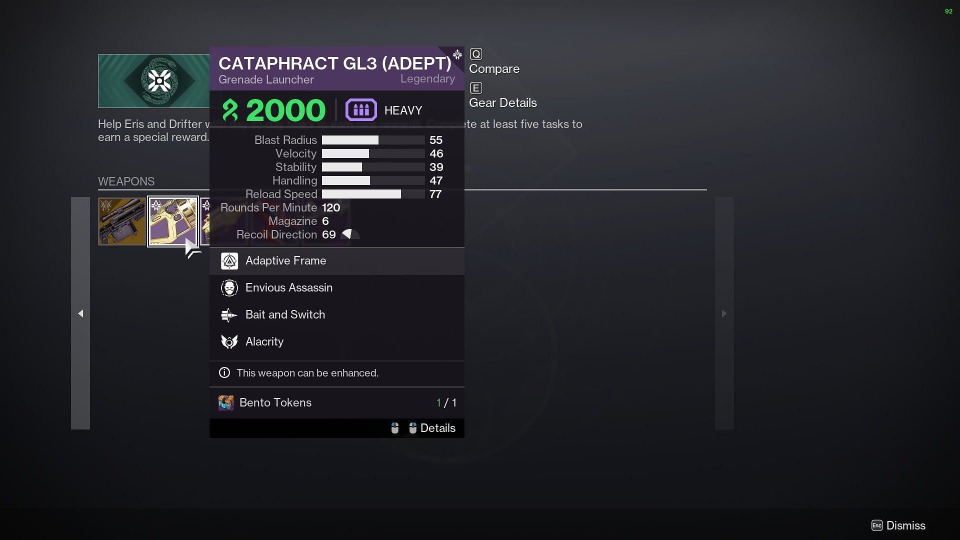 Cataphract GL3 Grenade Launcher in Destiny 2 (Image via Bungie)