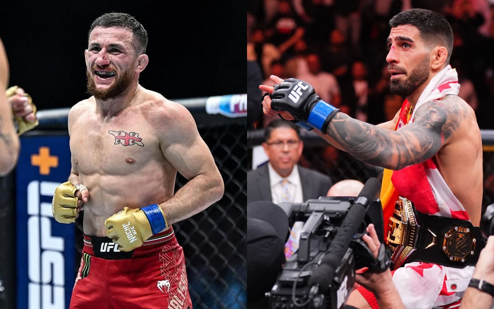 Merab Dvalishvili (left) will try to get Ilia Topuria (center) to attend his UFC 311 fight against Umar Nurmagomedov (right). [Images courtesy: @merab.dvalishvili, @iliatopuria and @umar_nurmagomedov on Instagram]