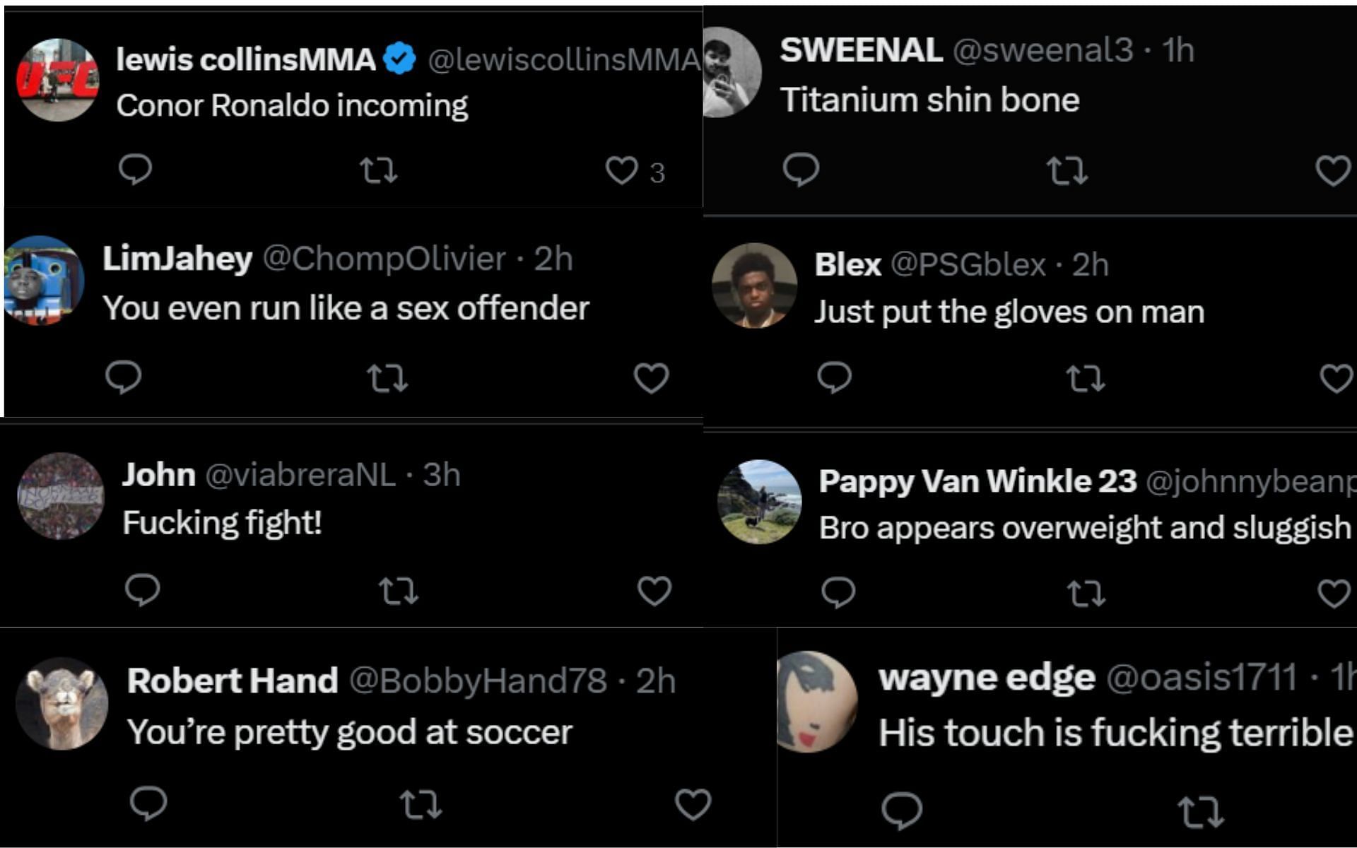 Screenshot of fan reactions from @TheNotoriousMMA&#039;s comment section on X