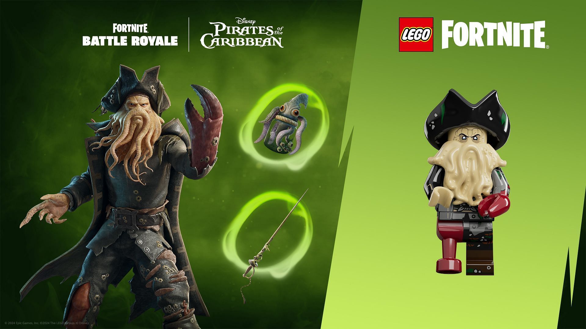 The Davy Jones, Elizabeth Swann, and Captain Barbossa (Pirates of the Caribbean) skins are now in Fortnite (Image via Epic Games)