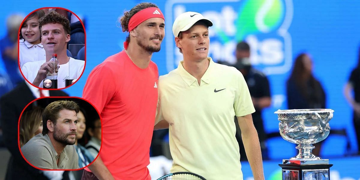 Liam Hemsworth and Leon Marchand (insets) at the Jannik Sinner vs Alexander Zverev Australian Open final | Getty