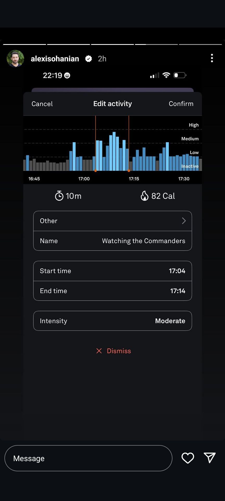 Alexis Ohanian&#039;s Oura Health Tracker display during the game - via @alexisohanian on Instagram