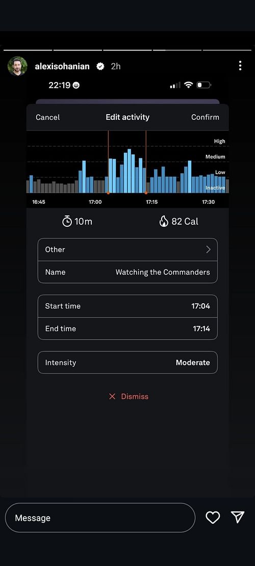 Alexis Ohanian's Oura Health Tracker display during the game - via @alexisohanian on Instagram