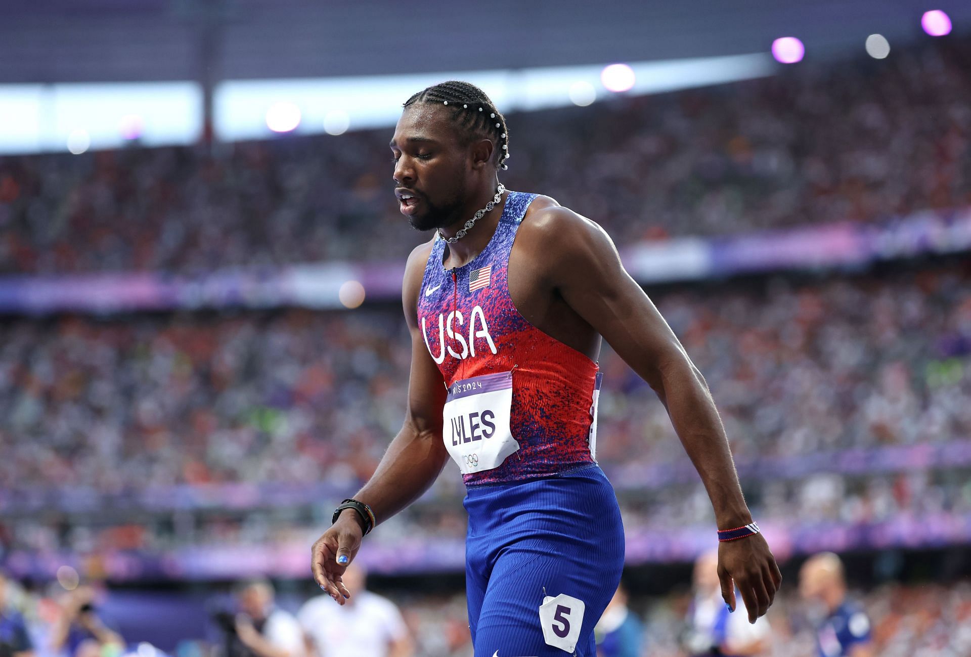 Noah Lyles celebrates after winning the Olympic gold medal at the Paris Olympics (Image Source: Getty)