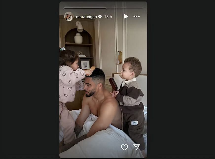 Evander Kane sitting still as his kids brush his hair. (Credit: IG story shared by @marateigen)