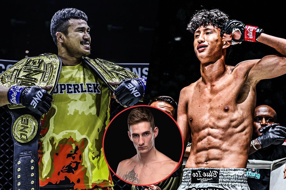 Superlek (left), Nabil Anane (right), and Nico Carrillo (circle inset). [Photos from ONE Championship[