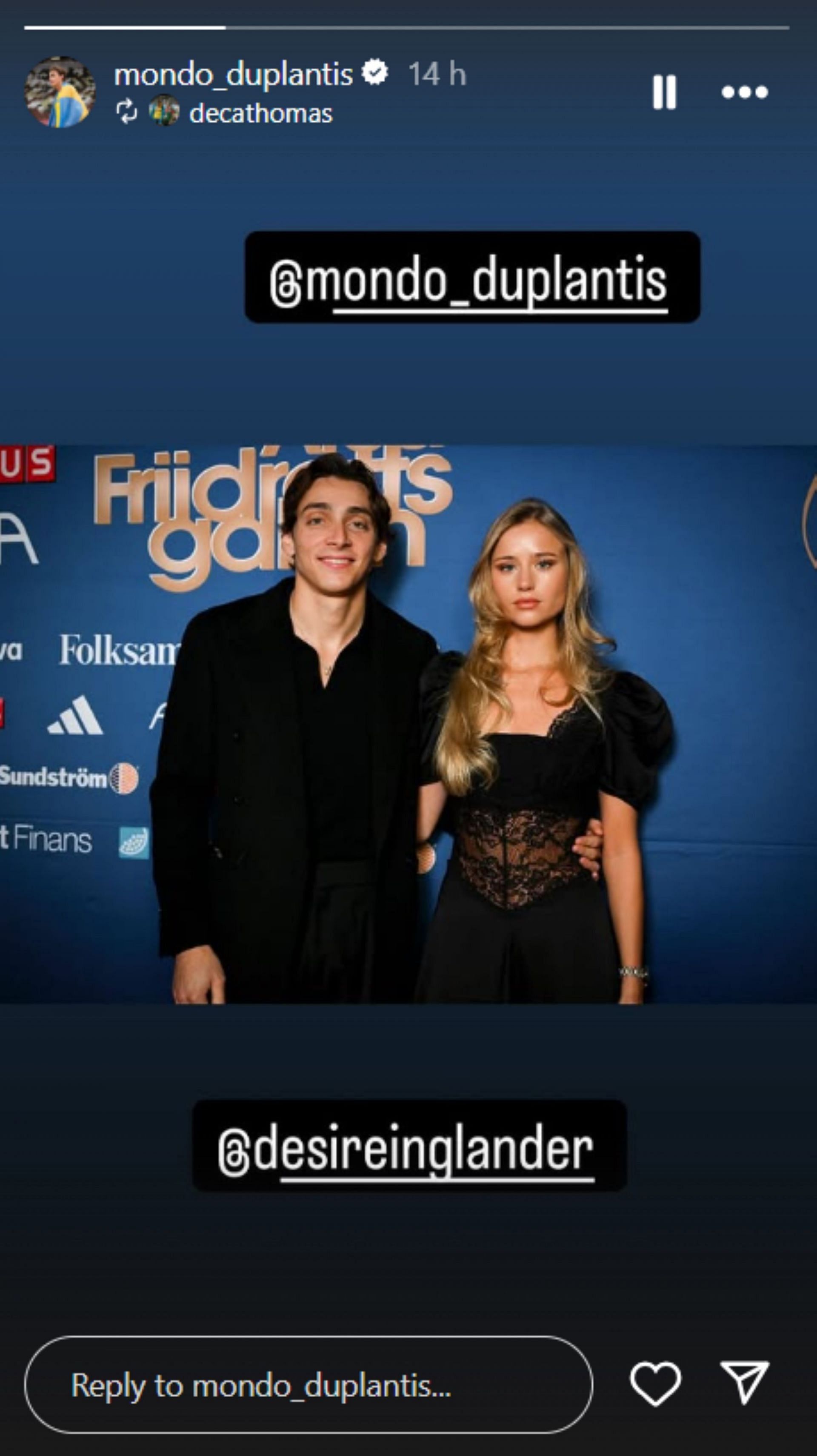 Mondo Duplantis and Desire Inglander at Atea Athletics Gala at Berns in Stockholm; Instagram - @mondo_duplantis