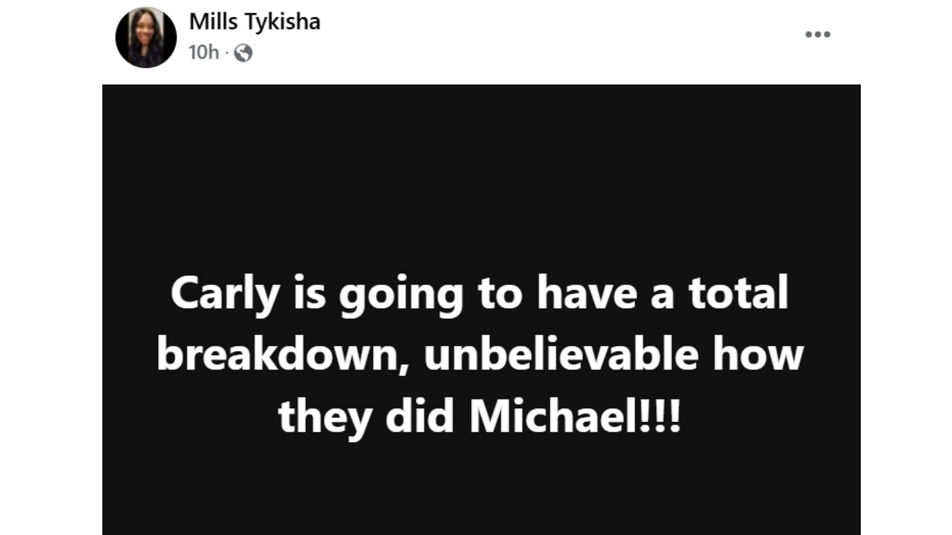 A fan post about Carly&#039;s reaction to Michael&#039;s death (Image via Facebook/@General Hospital Fans-Official)