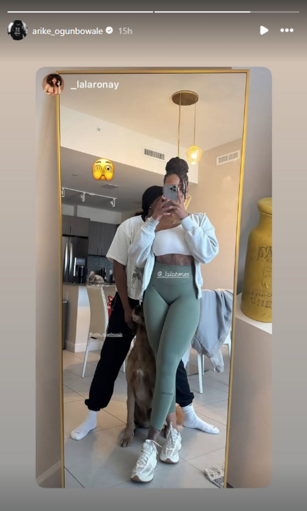 Ogunbowale reshares her fiancee&#039;s mirror selfie of the couple (Image: @arike_ogunbowale IG)