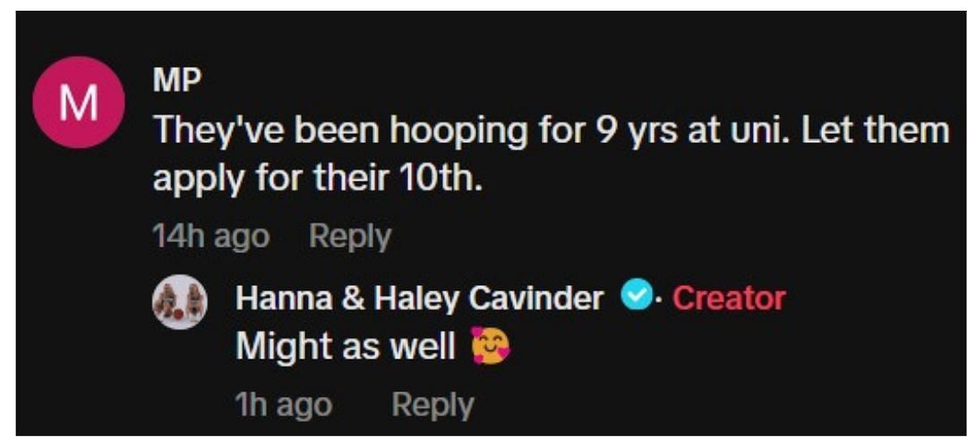 Haley and Hanna Cavinder reply to a comment on their TikTok video. (Credits: TikTok/@Hanna &amp; Haley Cavinder)