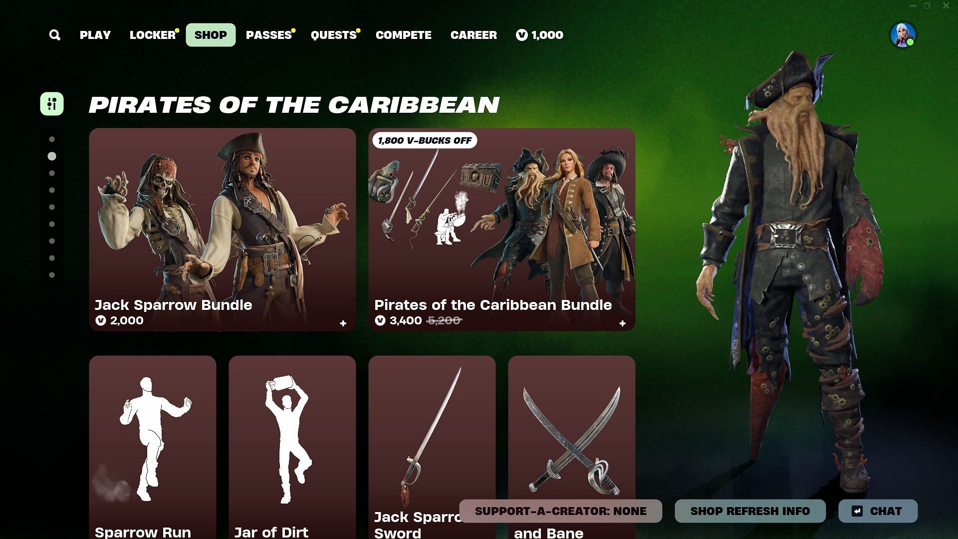 You can now purchase the Davy Jones, Elizabeth Swann, and Captain Barbossa (Pirates of the Caribbean) skins in Fortnite (Image via Epic Games)