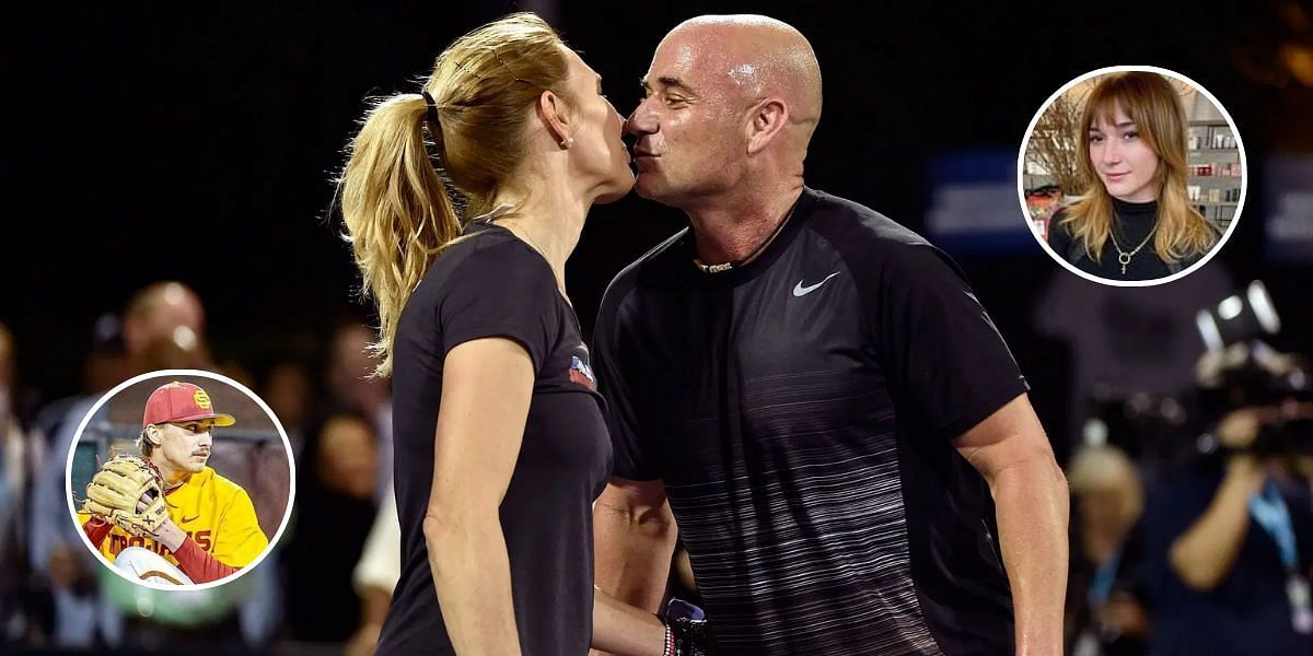 Steff Graf with Andre Agassi, Jaden Agassi (left-inset) &amp; Jaz Agassi (right-inset) [Image Source: Getty Images; Instagram/@jadenagassi, @jazagassi]