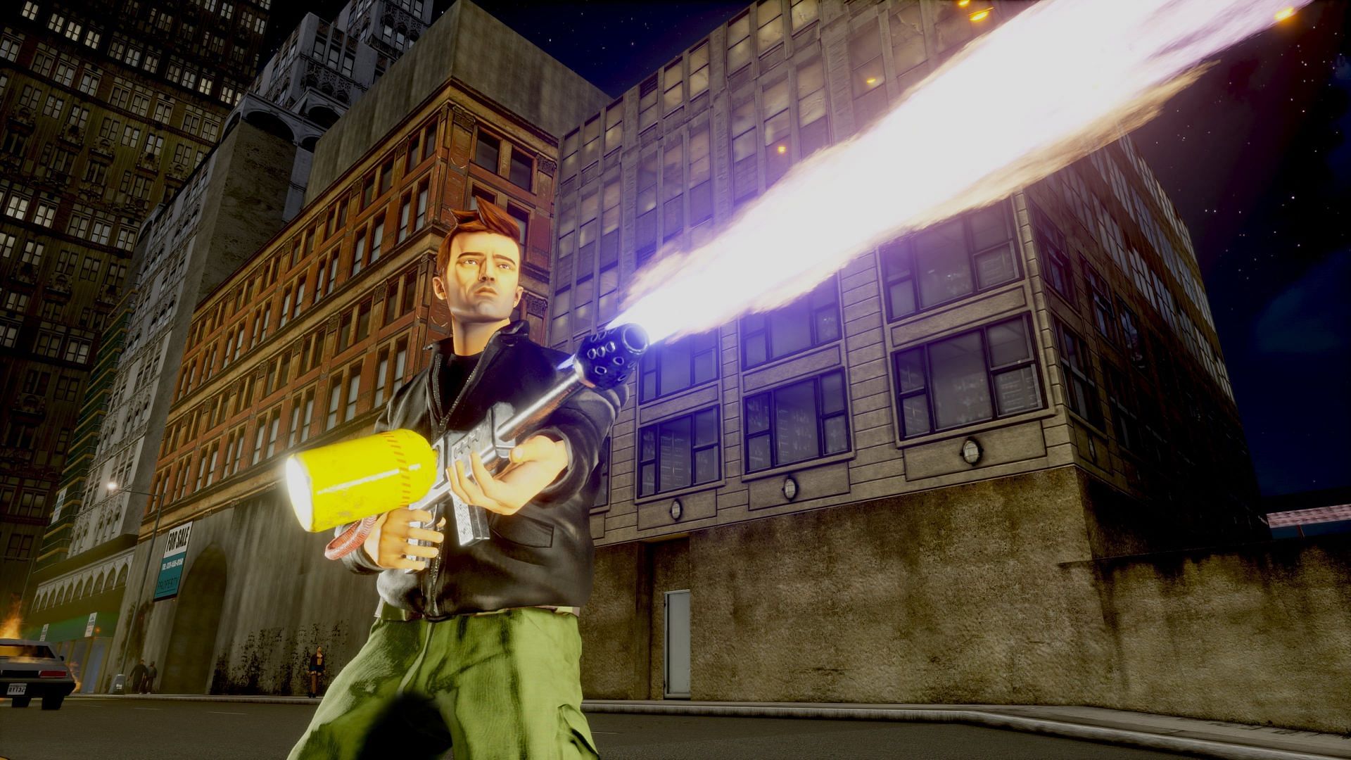 Claude using the flamethrower in GTA 3 Definitive Edition (Image via Rockstar Games)