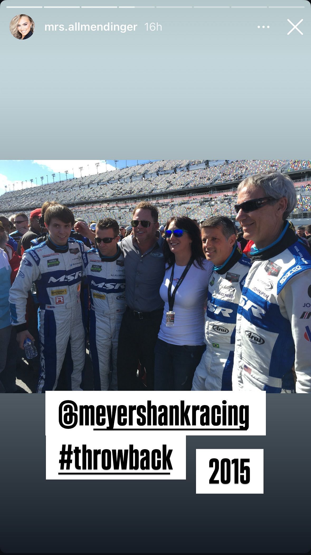 Tara Allmendinger&#039;s Instagram story featuring her husband&#039;s 2015 team at the Rolex 24 - Image via Instagram/@mrs.allmendinger