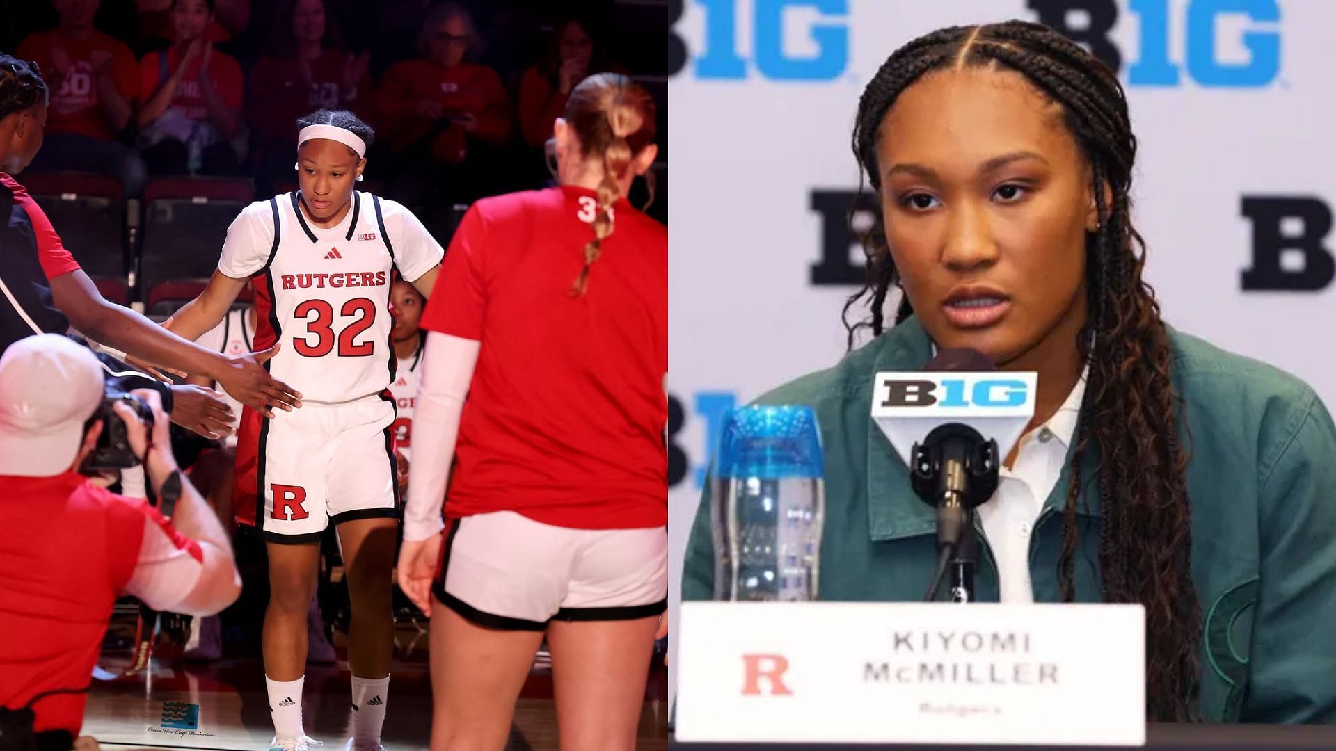 Rutgers freshman guard Kiyomi McMiller on the court and speaking to the press. Photo Credits: Kiyomi McMiller