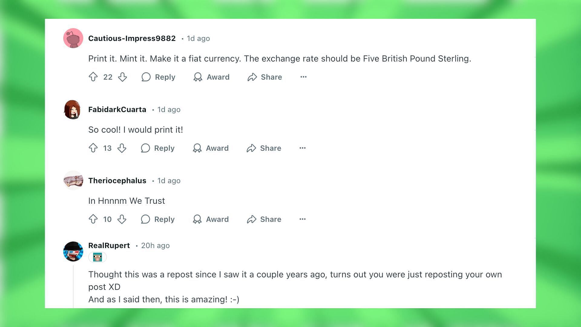 Redditors react to the &quot;emeraldollar&quot; artwork to turn emeralds into currency (Image via Reddit/Cugu00)