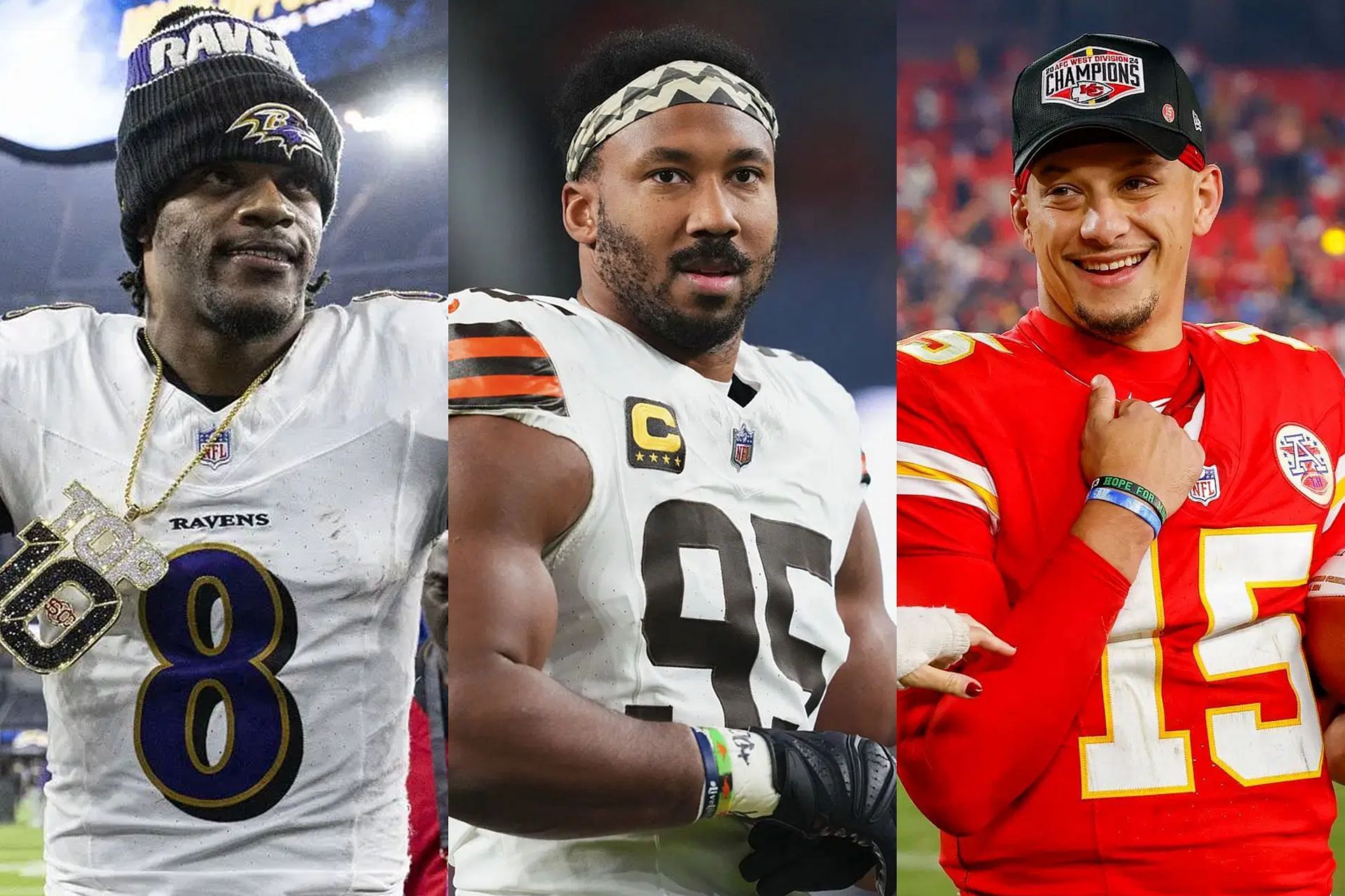 Lamar Jackson - L, Myles Garrett - C, Patrick Mahomes - R (Collage Images Credit: Getty)