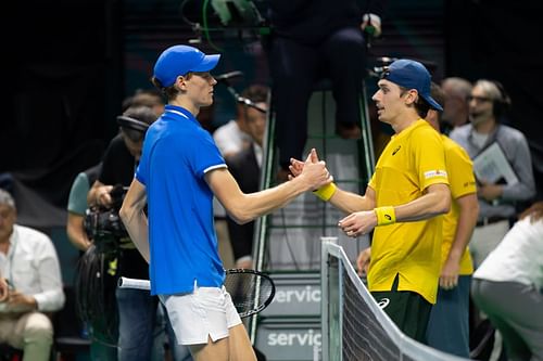 Jannik Sinner of Italy, Alex de Minaur of Australia in the Semi Final tie between Italy and Australia during the Davis Cup Finals on November 23, 2024 in Malaga, Spain. - Source: Getty