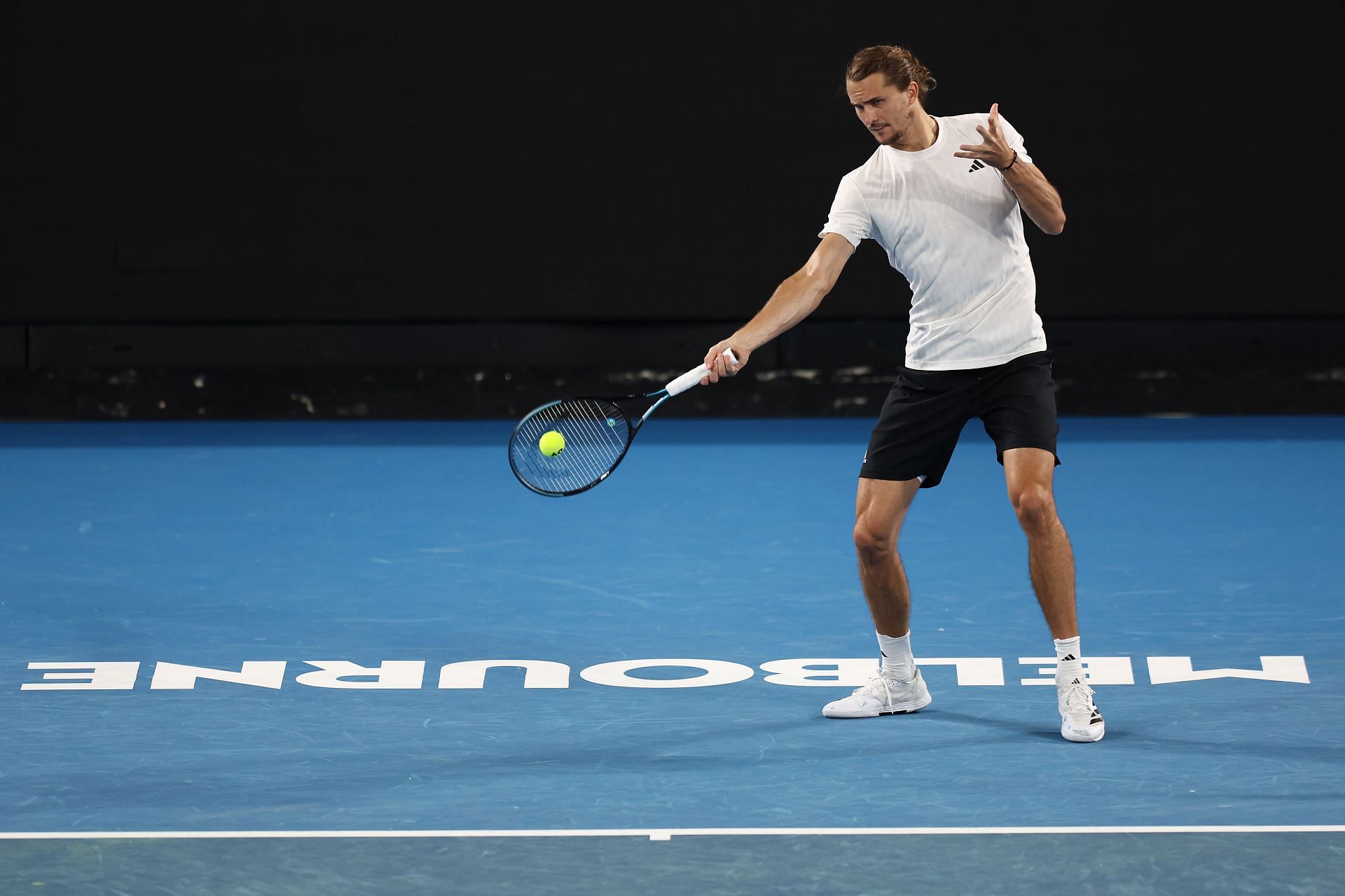 Alexander Zverev plays a forehand during a practice session ahead of the 2025 Australian Open - Source: Getty