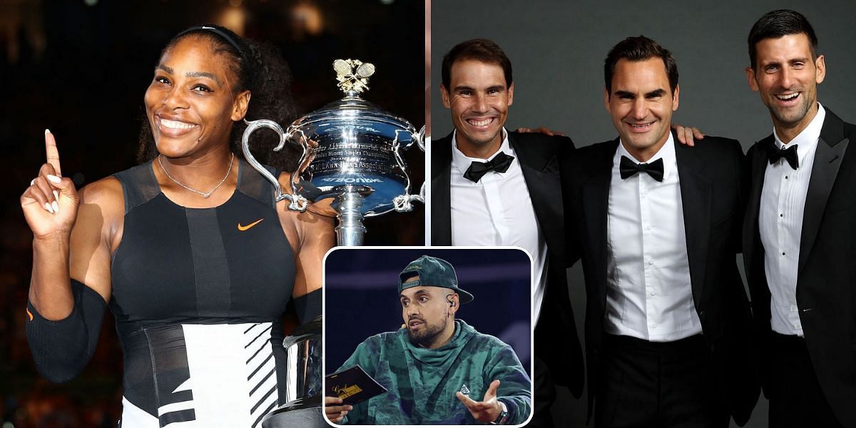 Serena Williams (L), Roger Federer, Rafael Nadal, Novak Djokovic together (R) and Nick Kyrgios (Centre) - Source: Getty