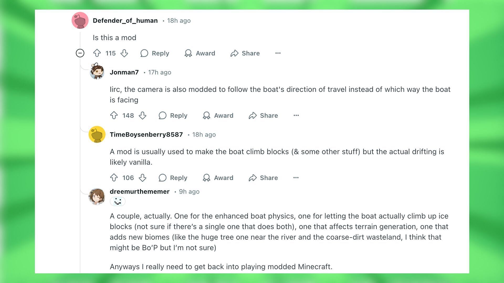 Redditors react to the boat drifting video (Image via Reddit/Jonklerssi/Mojang Studios)