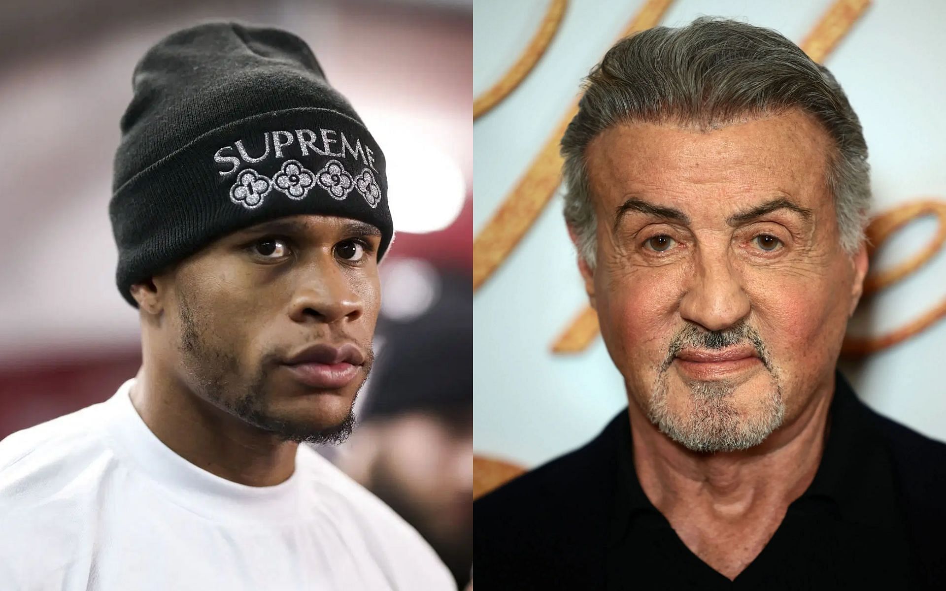 Devin Haney (left) takes aim at Sylvester Stallone (right) for his comments about boxing