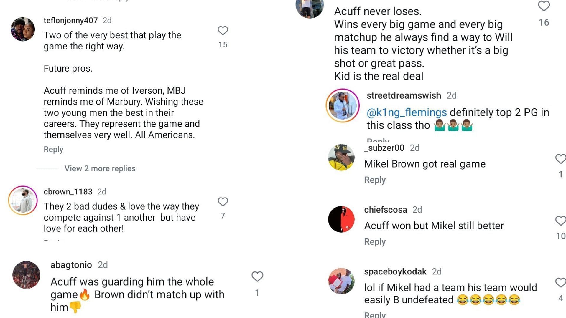 Hoops fans react to 5-star recruits Darius Acuff and Mikel Brown Jr. facing off against each other. (Image via Instagram/@SlamHS)