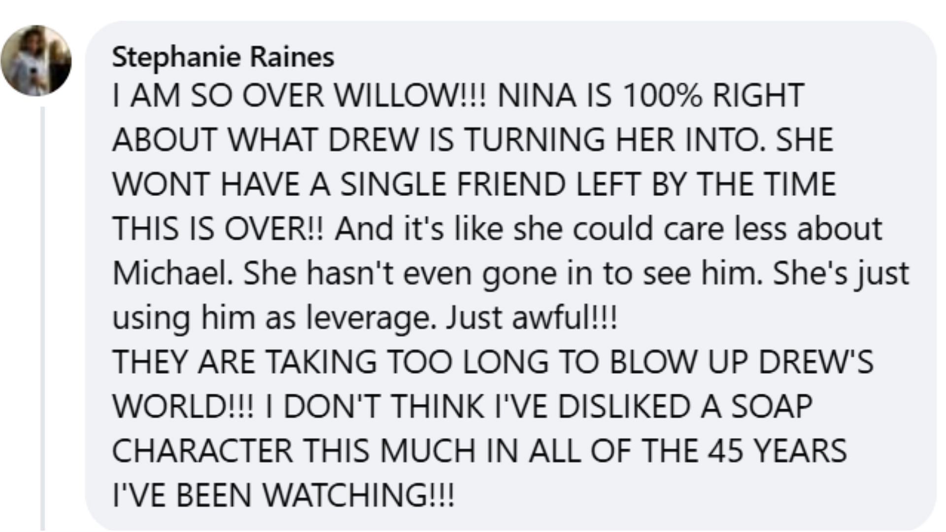 A fan reaction towards Willow&#039;s current story arc (Image via Facebook/@General Hospital)