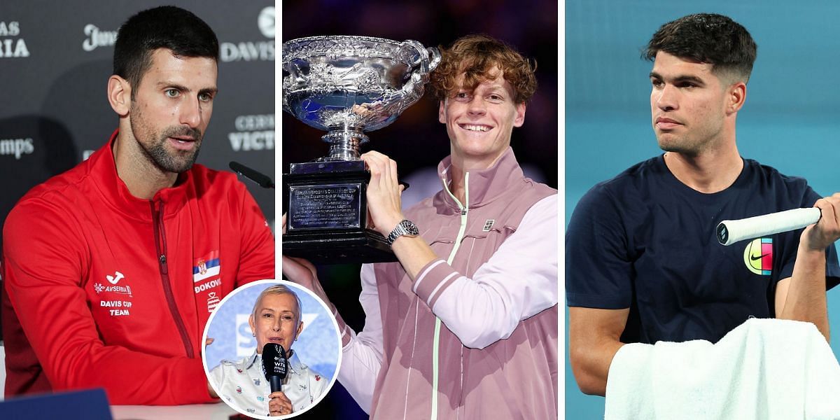 (From L-R) Novak Djokovic, Jannik Sinner, Carlos Alcaraz &amp; Martina Navratilova (inset) [Image Source: Getty Images]