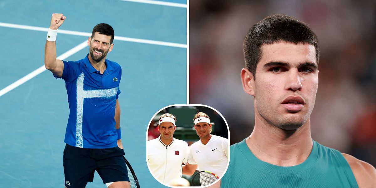 Novak Djokovic (L), Carlos Alcaraz (R) &amp; Roger Federer with Rafael Nadal (inset) [Image Source: Getty Images]